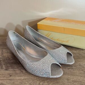 Michaelangelo David’s Bridal Silver Rhinestone Wedge Peep Toe Dress Shoes Sz 11